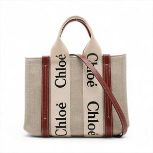 Chloe Woody Canvas Leather Handbag Beige Tan Brown
